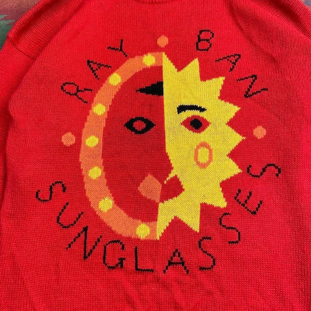 Vintage 80s Tony Lambert Ray Ban‎ Sunglasses Sweater Size Medium Red Knit Sun